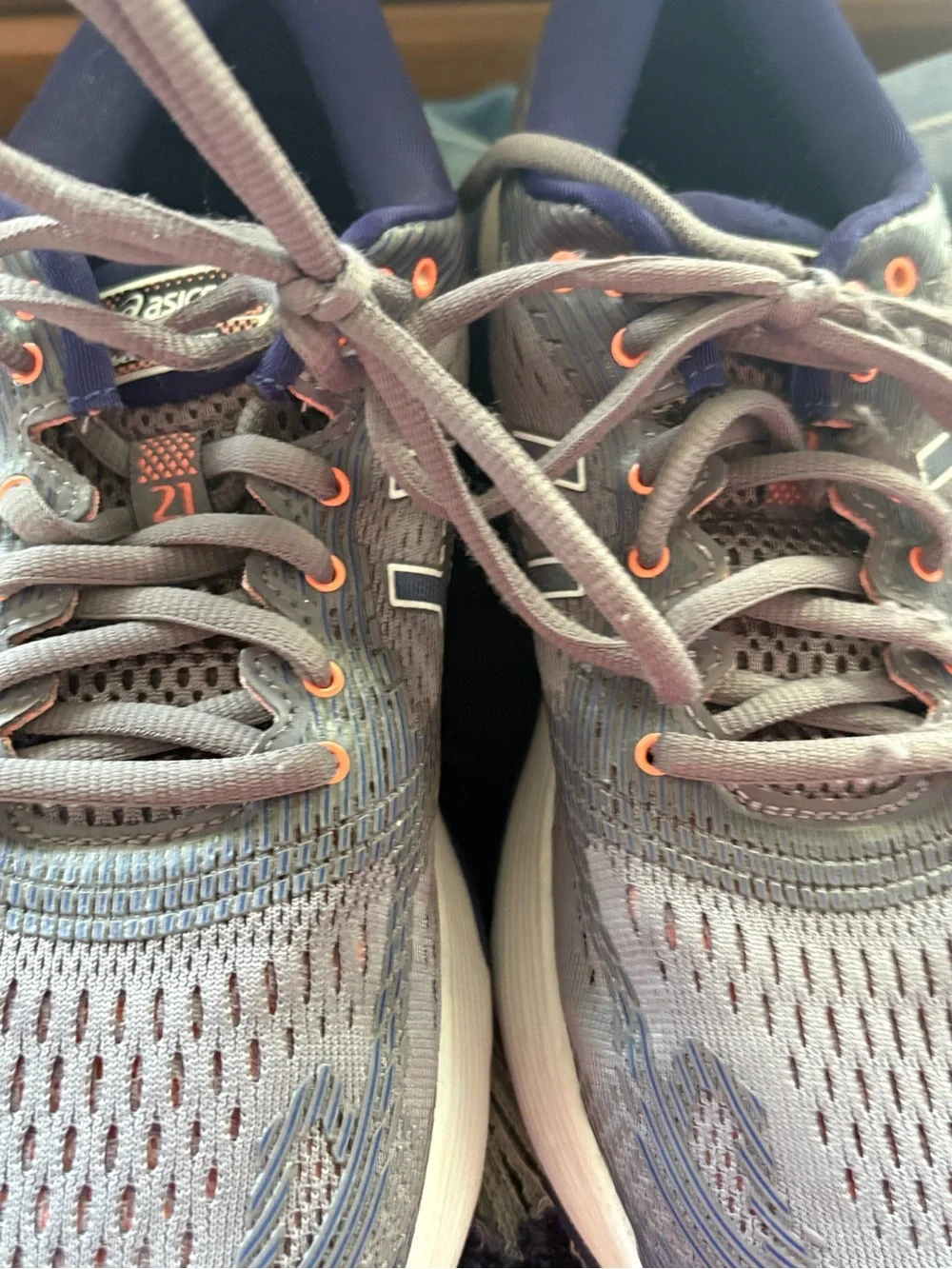 ASICS Woman’s Gray and Navy Running Shoes with Coral Highlights